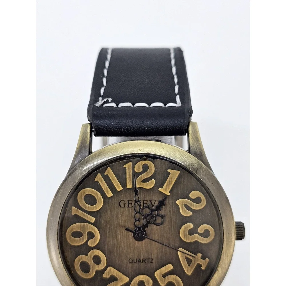 Men Analog Watch 38MM Bronze Dial New Faux Black Leather Bands New Battery READ